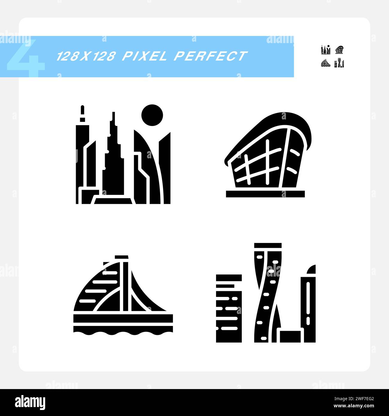 Monumenti architettonici moderni di Dubai, icone di glifi neri adagiate su uno spazio bianco Illustrazione Vettoriale