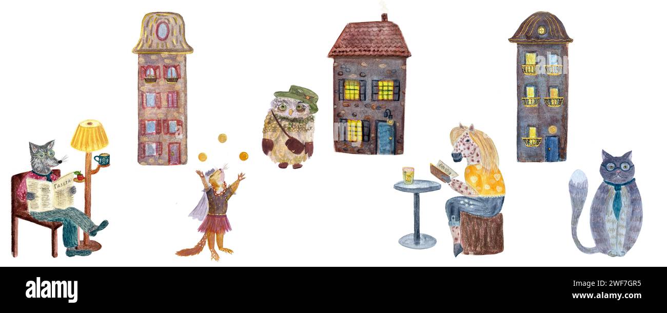 Gli acquerelli dipinti a mano circondano divertenti animali della città Foto Stock