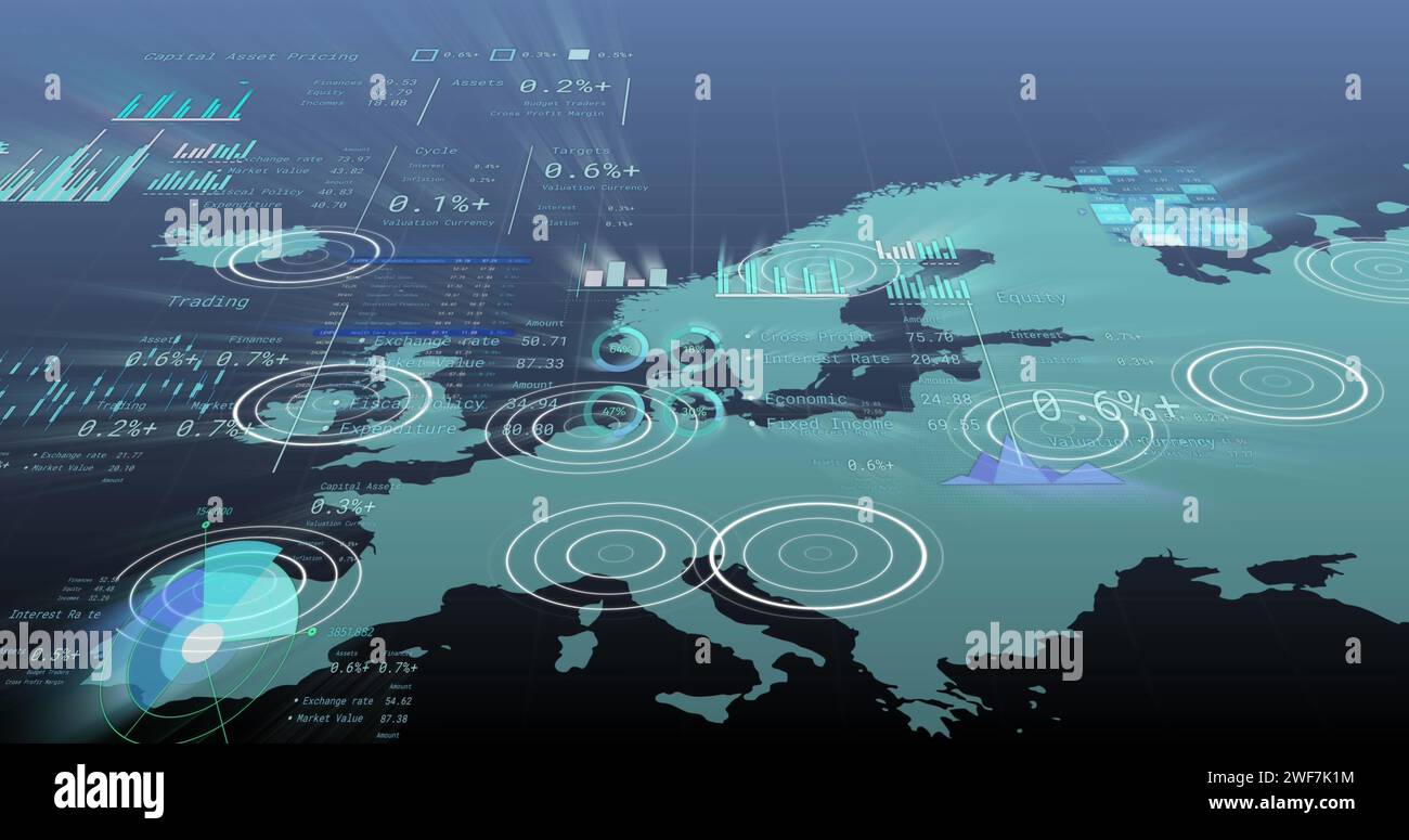 Immagine dell'elaborazione dei dati finanziari sulla mappa mondiale Foto Stock
