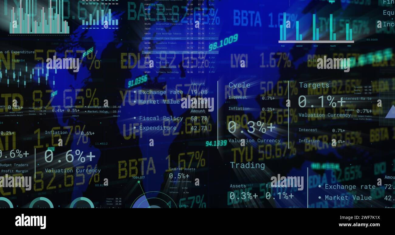 Immagine dell'elaborazione dei dati finanziari sulla mappa mondiale Foto Stock