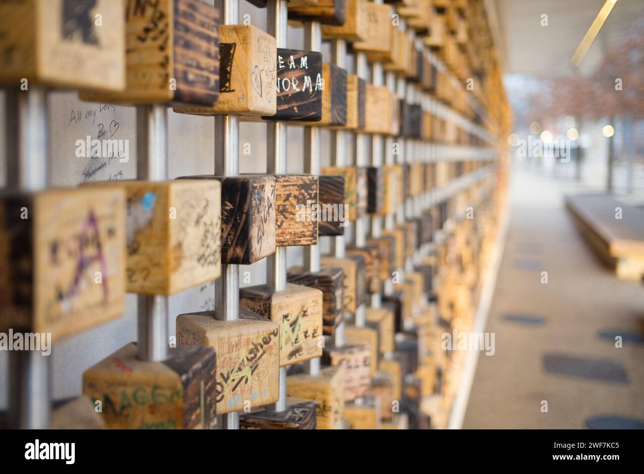 Blocchi di legno con profondità di campo limitata a Stratford, Londra Foto Stock