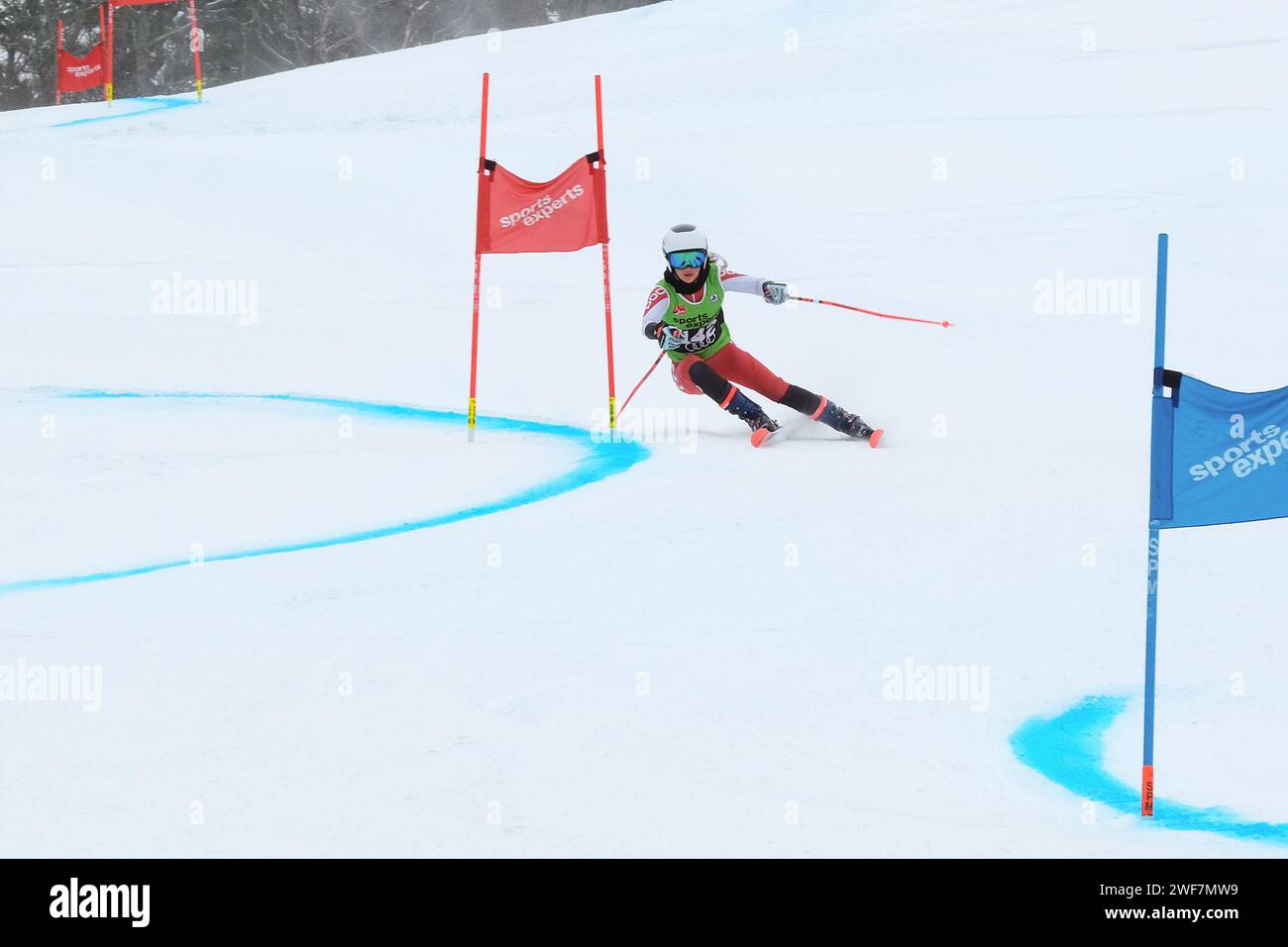 Sciatore che gareggia nella gara di slalom gigante Quebec Super Series a Mont Ste Marie, Quebec Foto Stock