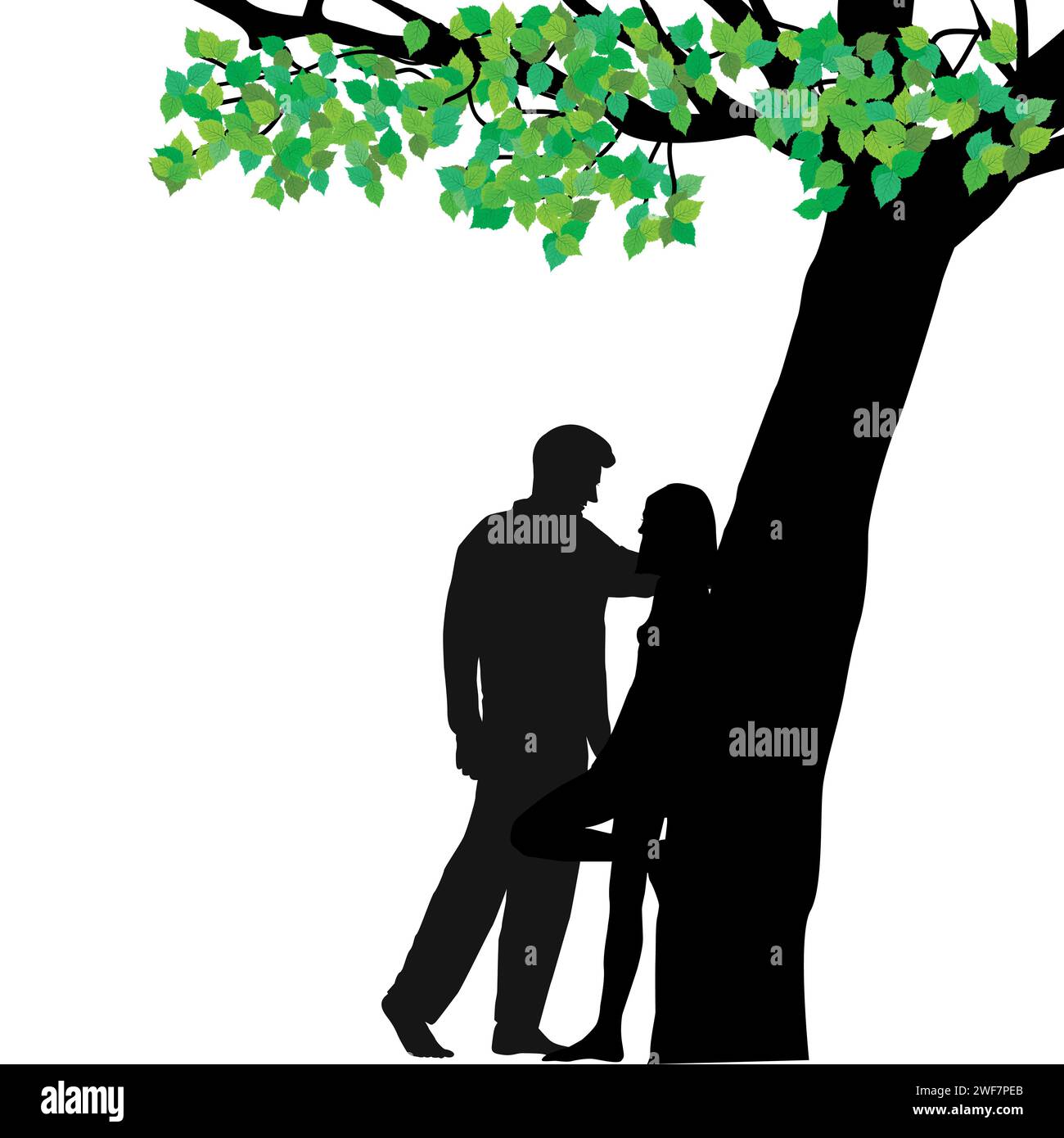 Coppia amanti silhouette sotto un albero appoggiato contro il tronco dell'albero Illustrazione Vettoriale