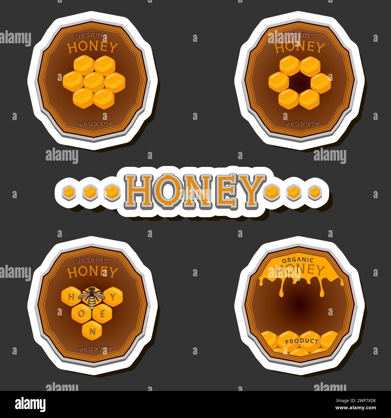 Illustrazione sul tema per l'etichetta di zucchero che scorre verso il basso il miele in favo con ape, etichetta costituita dal kit di miele appiccicoso al favo di ape, miele Illustrazione Vettoriale
