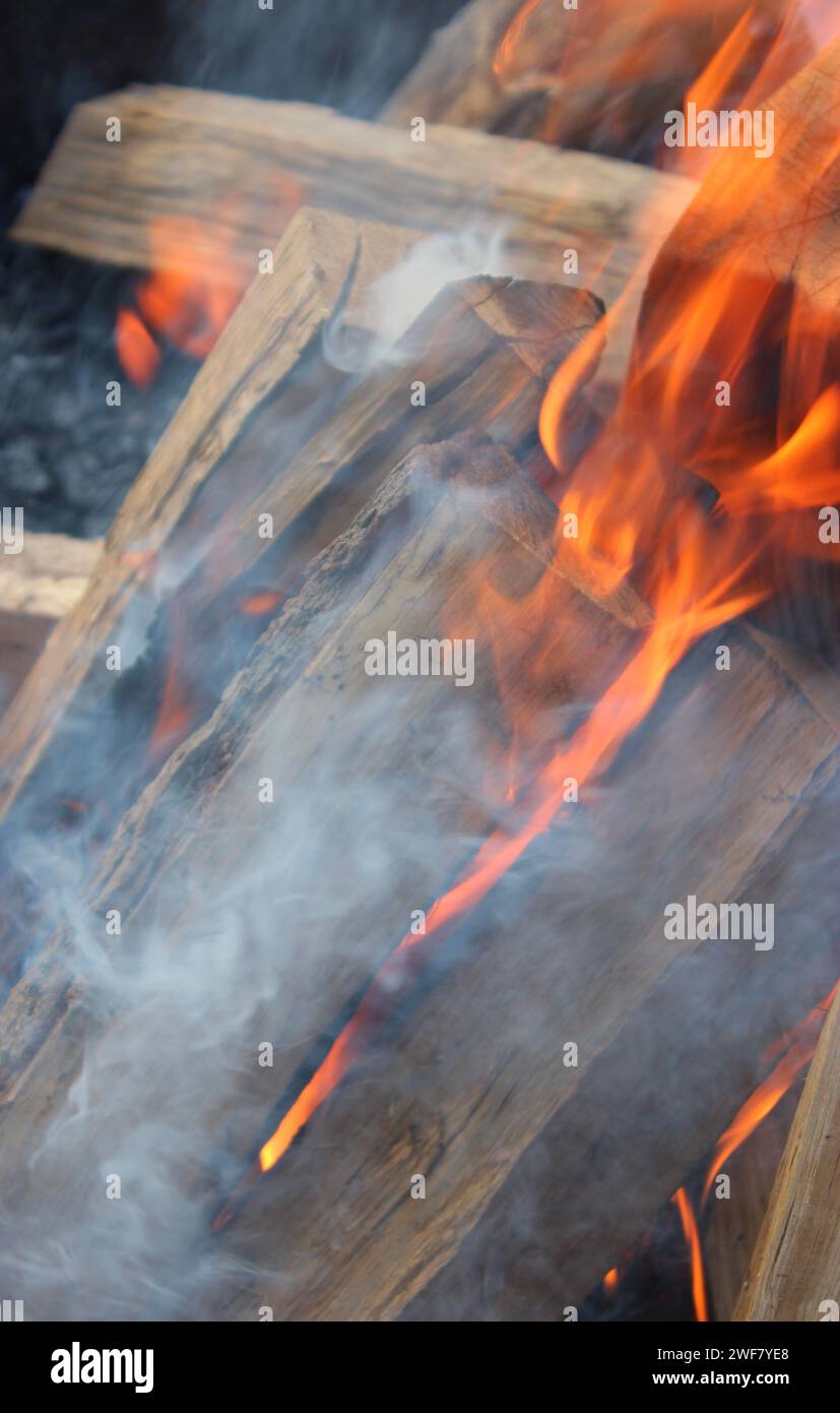 La legna da ardere di quercia umida si gonfia con difficoltà in un fuoco fumoso Foto Stock