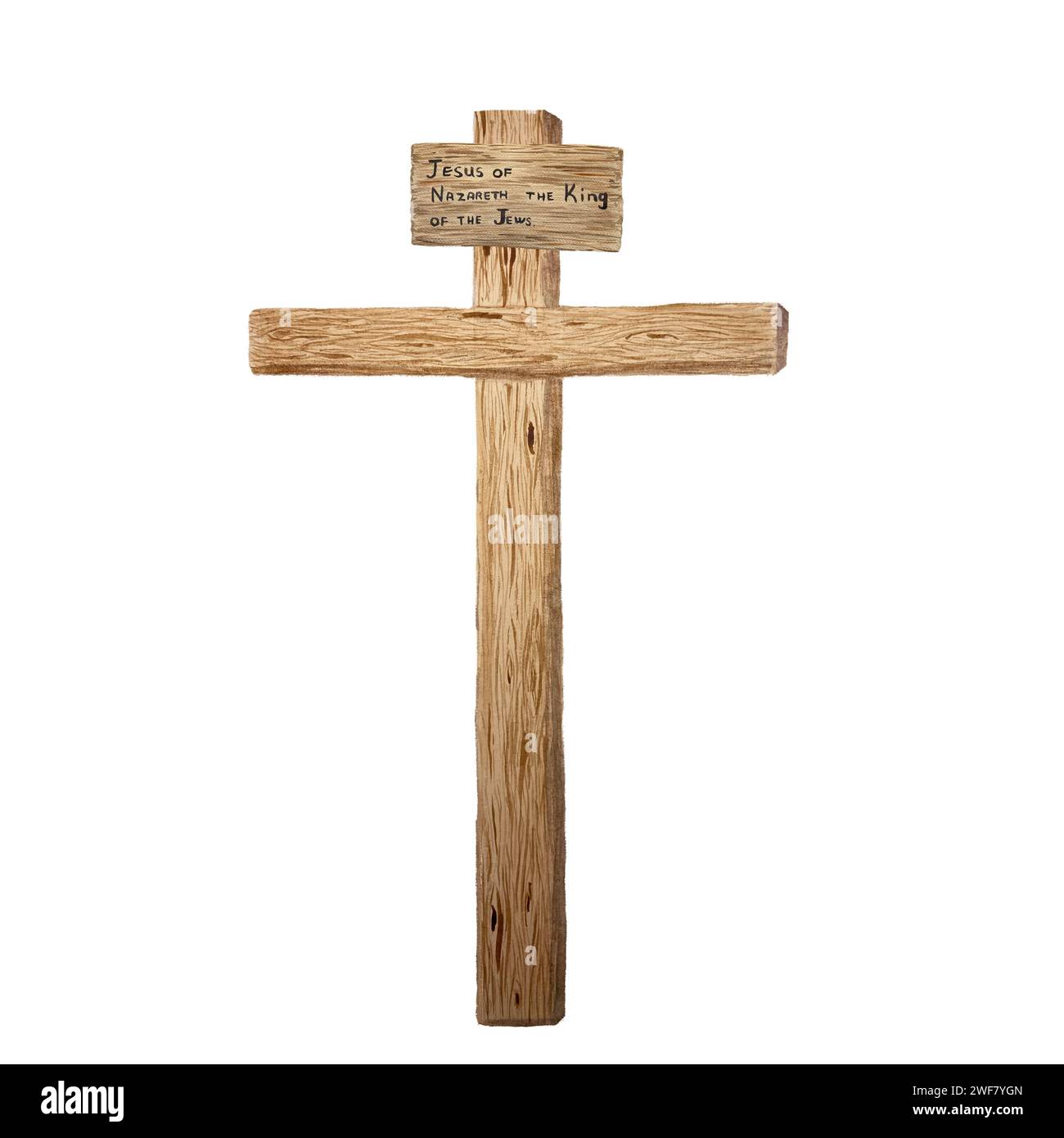 Acquerello croce in legno con iscrizione, illustrazione religiosa isolata su bianco Foto Stock