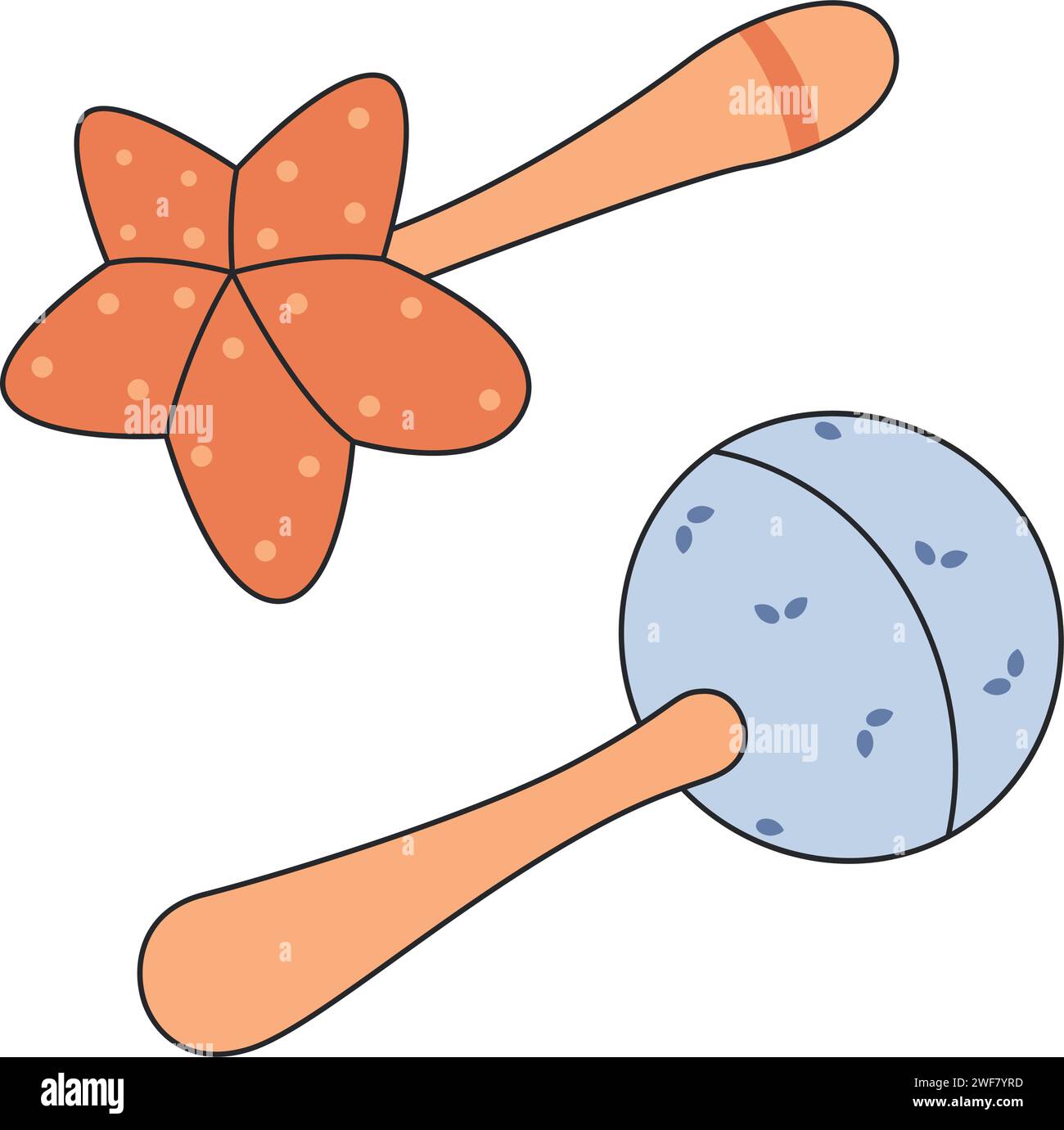 set di battiti per neonati con un manico a forma di palla e stella. Illustrazione Vettoriale