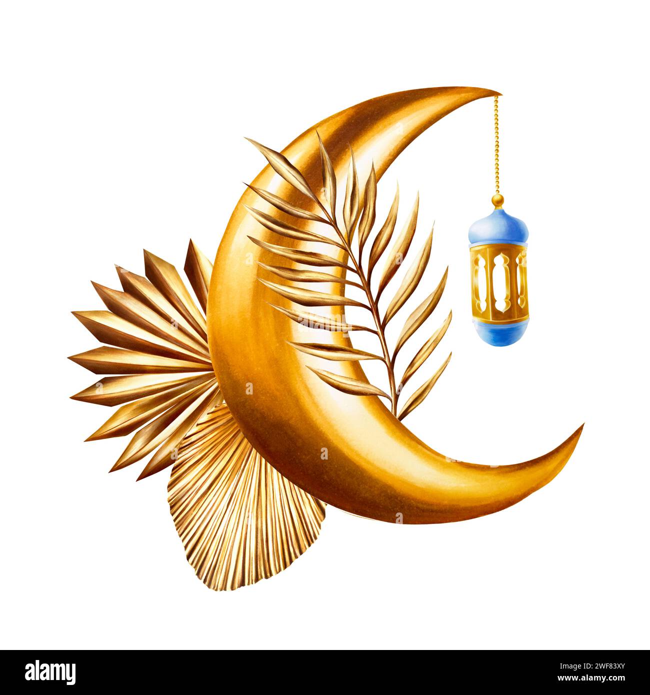 Illustrazione ad acquerello dell'erba di pampa dorata, rametto di palma da dattero sulla luna a mezzaluna dorata dell'arabia islamica con lanterna in una catena isolata su un bac bianco Foto Stock