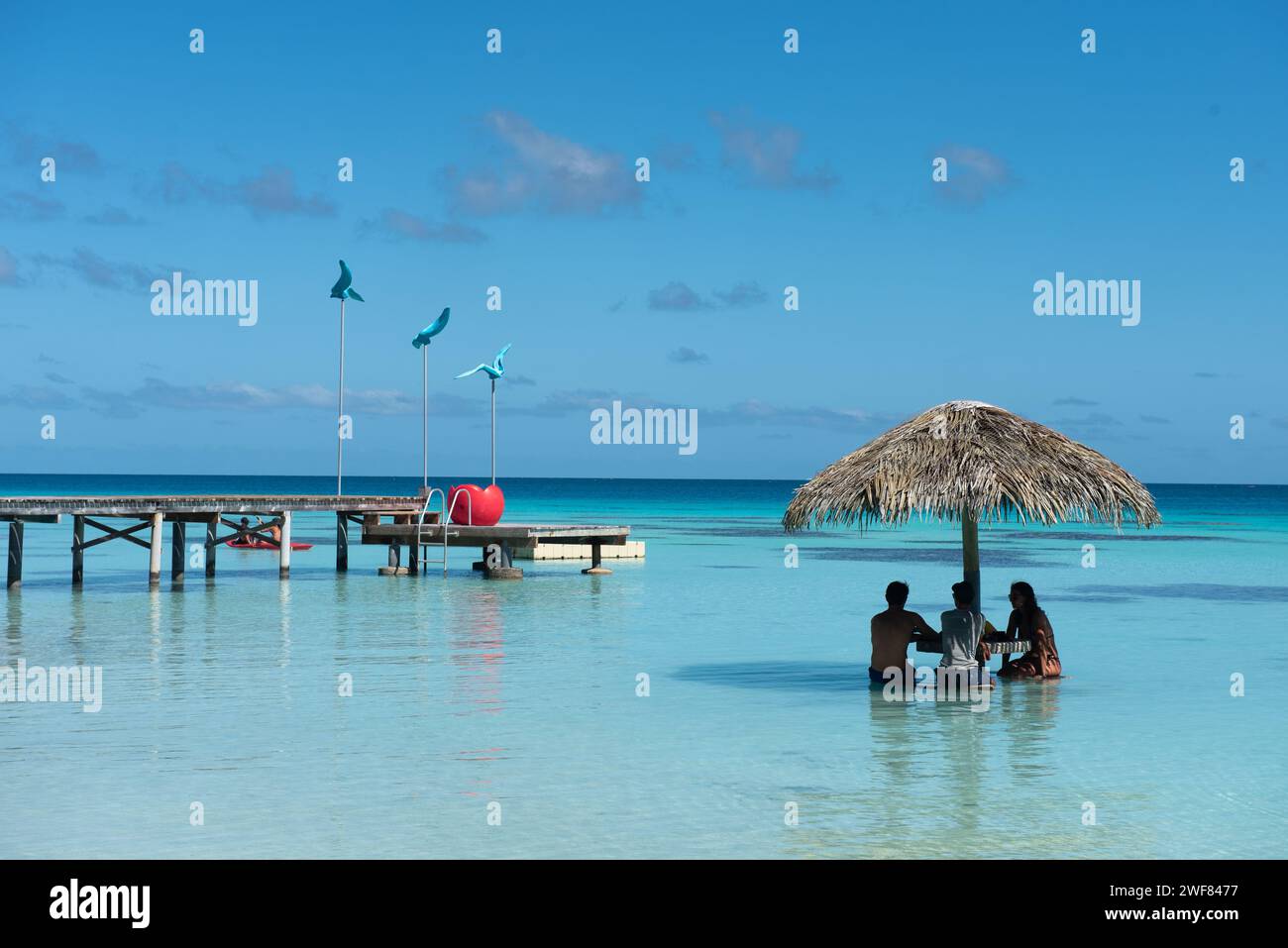 Gente che beve qualcosa in mare, Fakarava Lagoon Foto Stock
