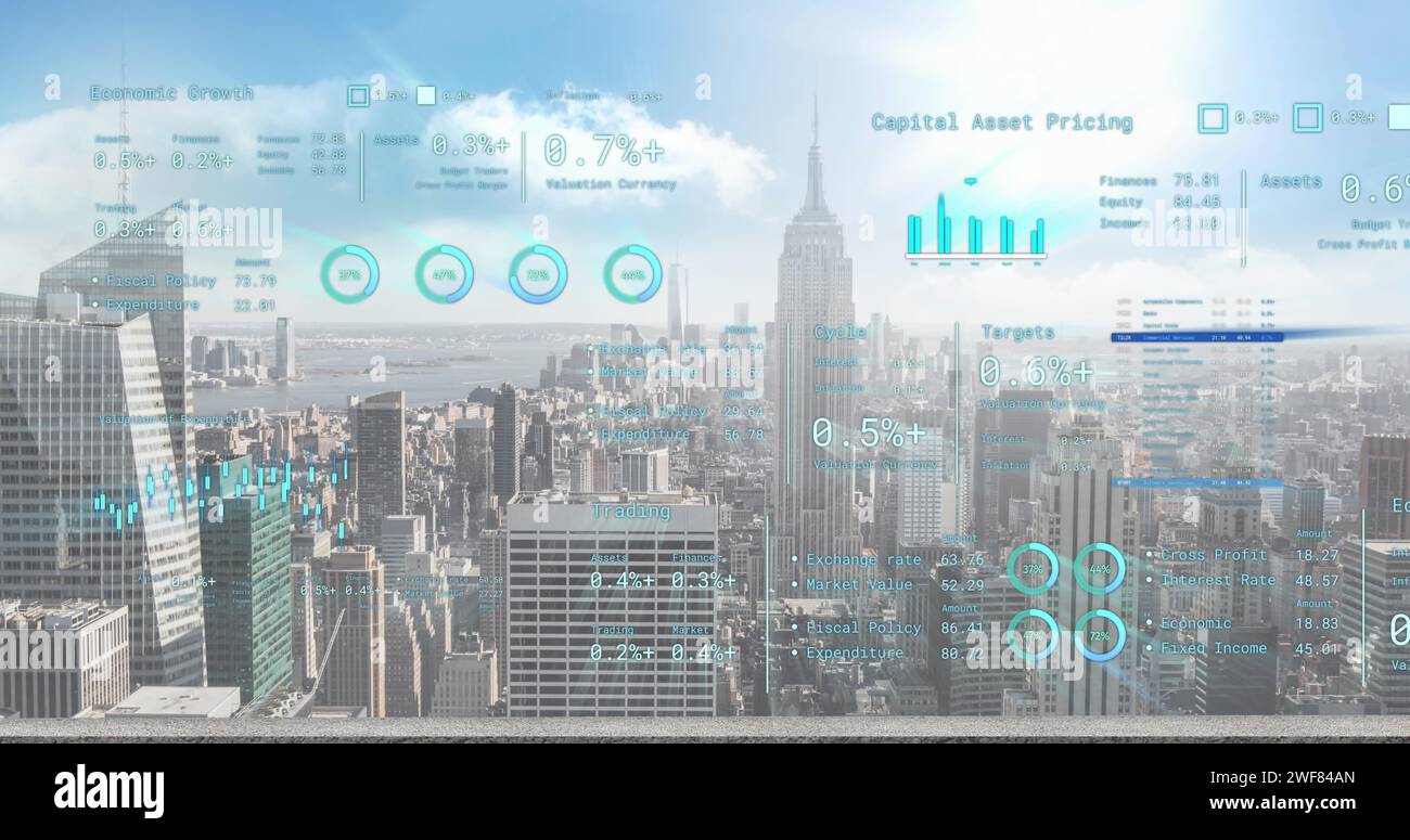 Immagine dell'elaborazione dei dati finanziari su un paesaggio urbano Foto Stock