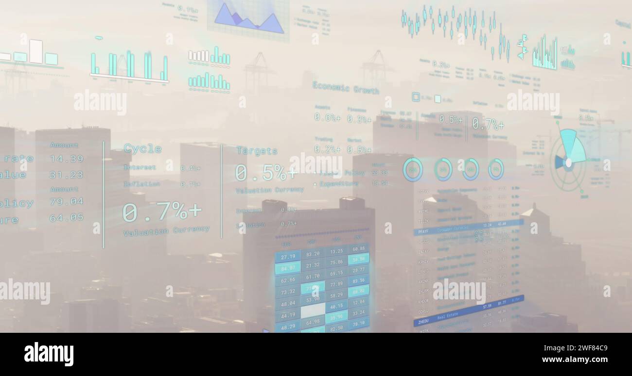 Immagine dell'elaborazione dei dati finanziari su un paesaggio urbano Foto Stock