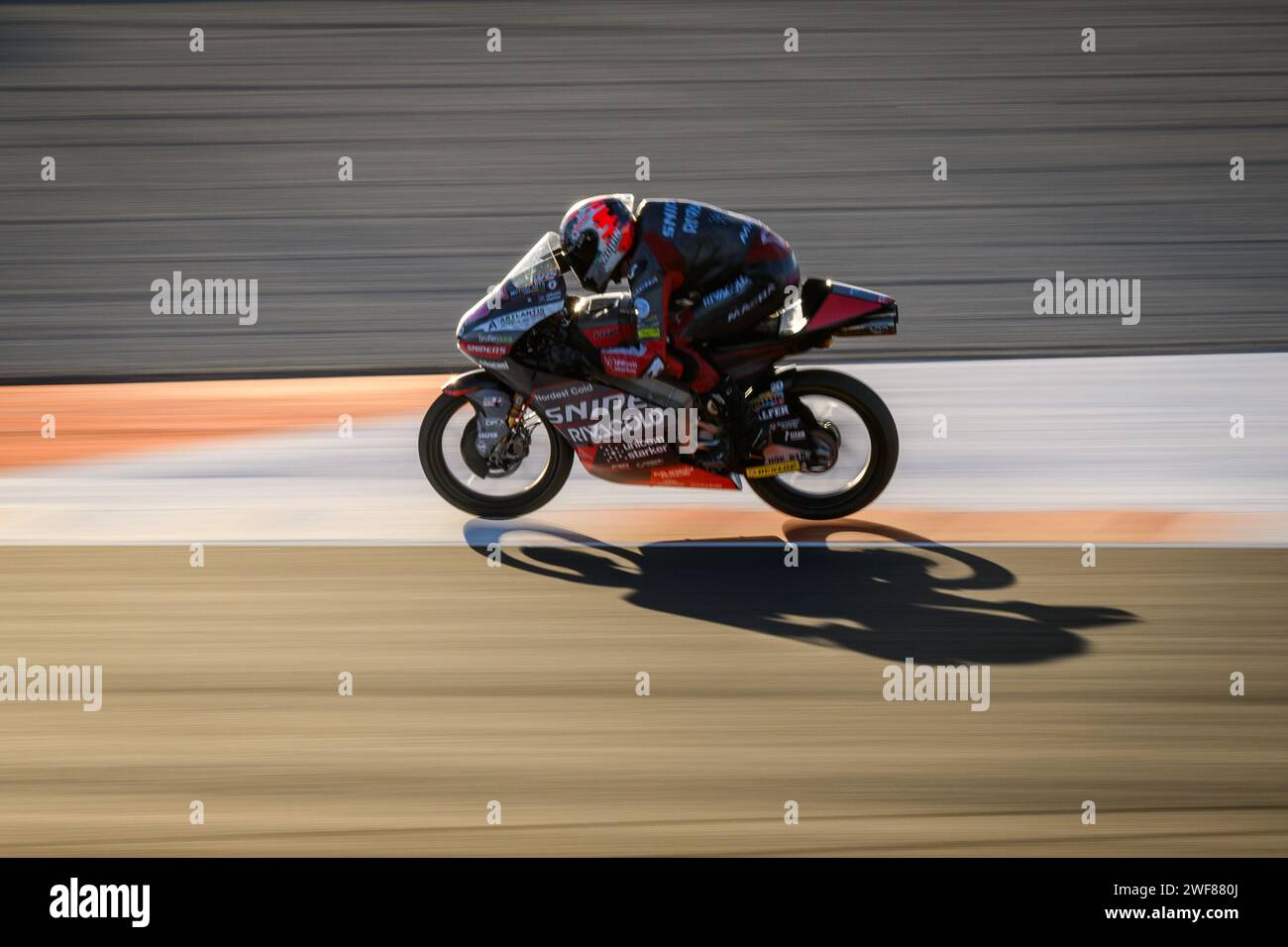 Matteo Bertelle, pilota italiano di Moto3 del team Rivacold, al Gran Premio Motul Comunidad Valenciana di Cheste, Valencia, Spagna. Novembre 2023. Foto Stock