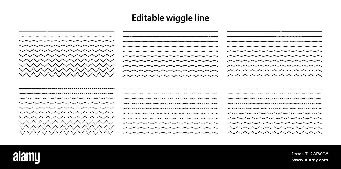 Linee di ondulazione modificabili. Set di curve ondulate e tratti orizzontali intersecanti a zig-zag. Passaggio da una linea retta a una ondulata. Progettazione geometrica Illustrazione Vettoriale