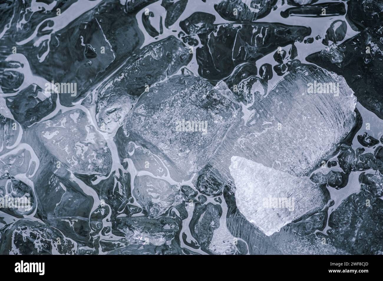 Acqua fredda e cubetti di ghiaccio fondali che si fondono. Concetto di riscaldamento globale o cambiamento climatico. Terapia fredda, tecniche respiratorie, metodo Wim Hof, meditazione Foto Stock