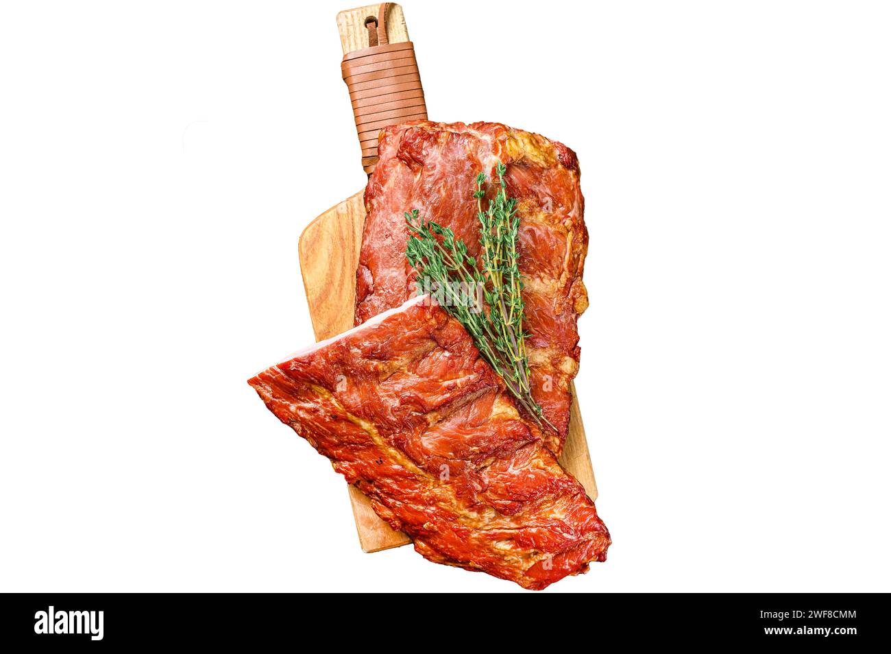 Costolette di maiale alla griglia con salsa piccante. Isolato su sfondo bianco. Vista dall'alto Foto Stock