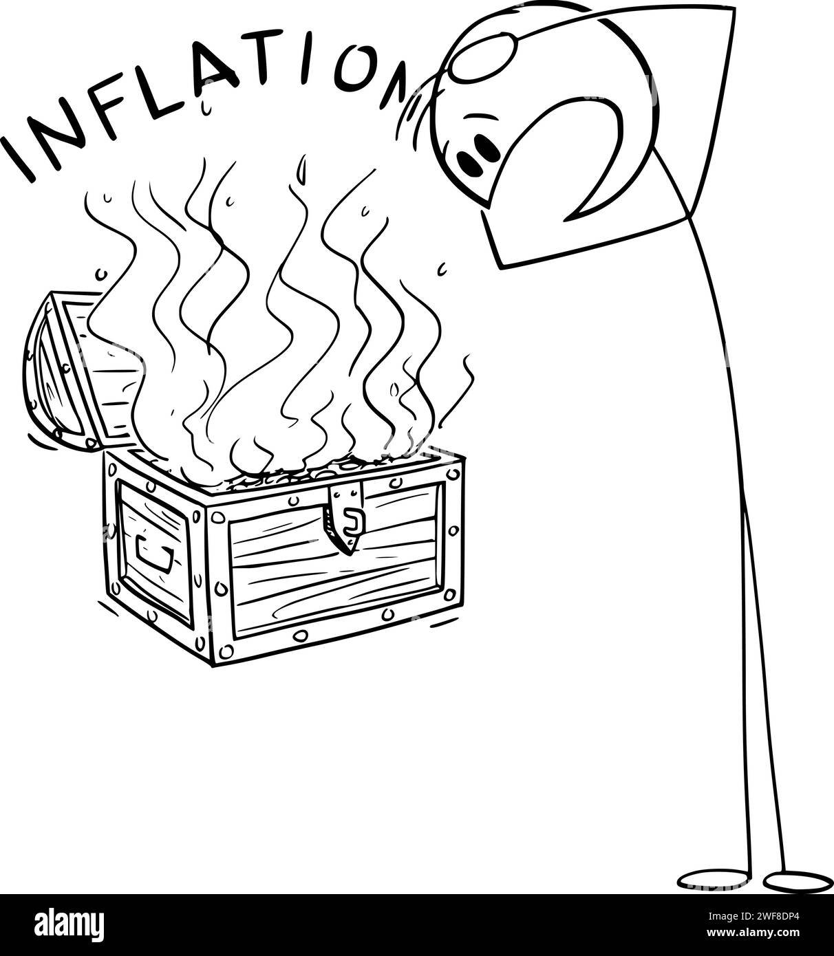 Inflation, Money in Treasure Chest Are Burning, Vector Cartoon Stick Figure Illustration Illustrazione Vettoriale
