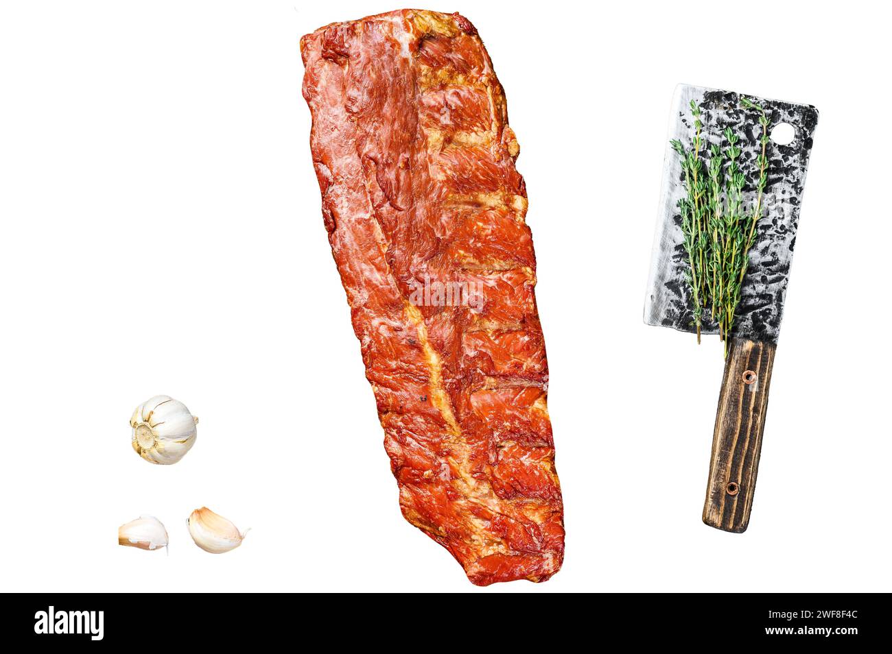 Costolette di maiale affumicate isolate su sfondo bianco. Vista dall'alto Foto Stock