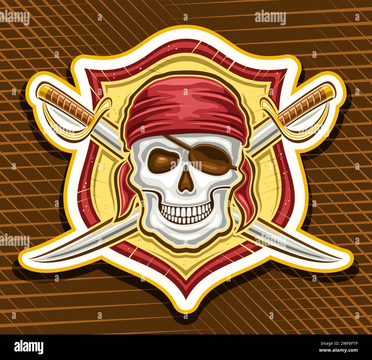 Logo vettoriale per teschio pirata, etichetta decorativa con illustrazione del teschio pirata sorridente malvagio in bandana rossa e spade incrociate per la squadra di e-sport, ma Illustrazione Vettoriale