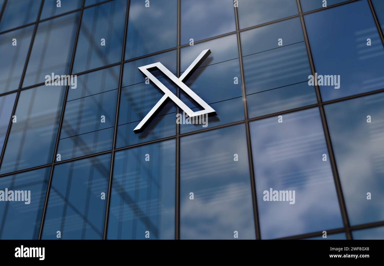 San Francisco, USA, 28 gennaio 2024: X Twitter social network Headquarters Glass building Concept. Logo del simbolo del servizio di comunicazione sulla facciata anteriore Foto Stock