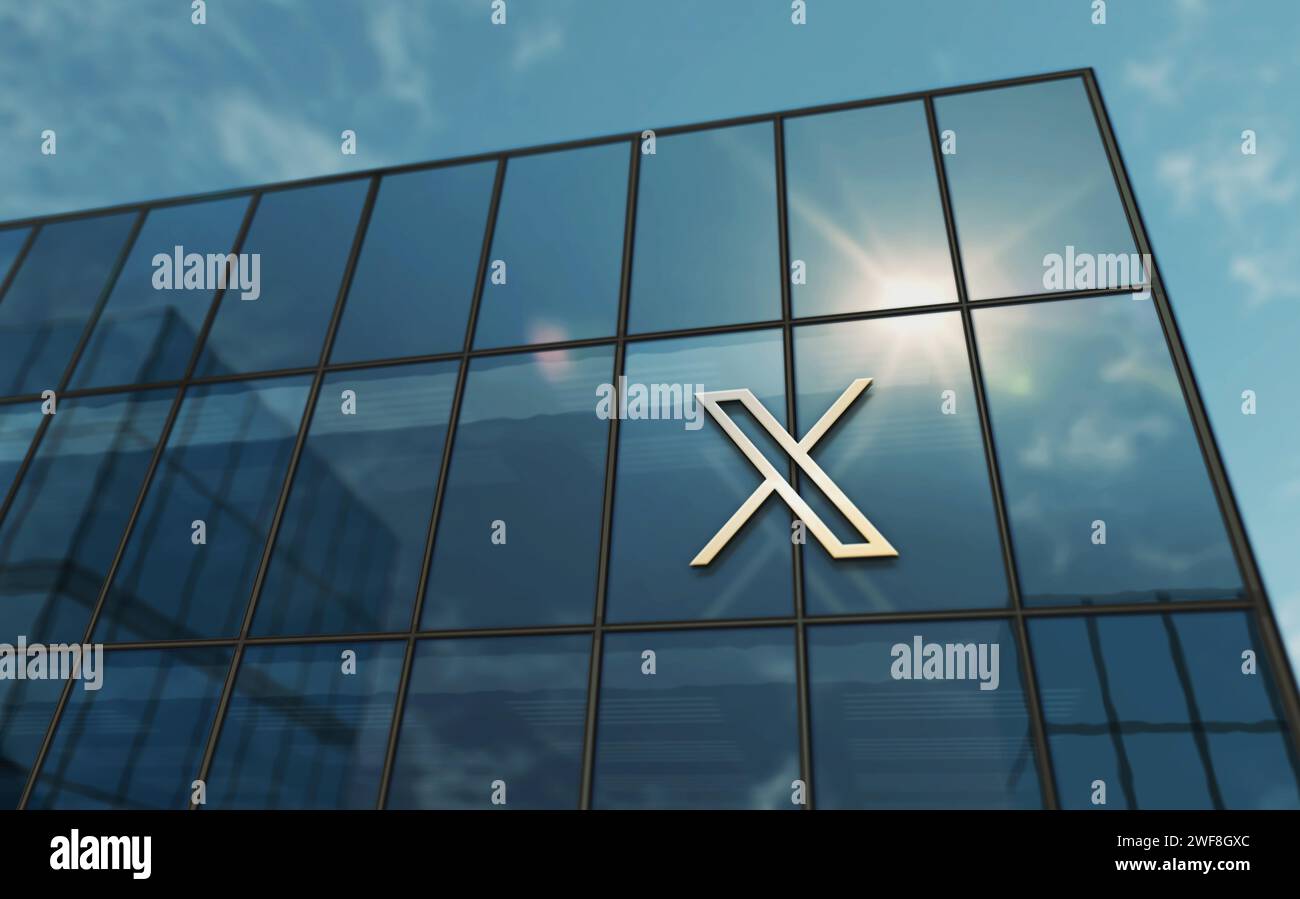 San Francisco, USA, 28 gennaio 2024: X Twitter social network Headquarters Glass building Concept. Logo del simbolo del servizio di comunicazione sulla facciata anteriore Foto Stock
