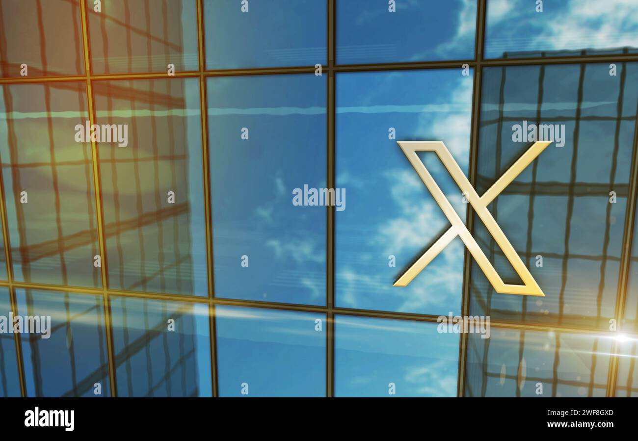 San Francisco, USA, 28 gennaio 2024: X Twitter social network Headquarters Glass building Concept. Logo del simbolo del servizio di comunicazione sulla facciata anteriore Foto Stock