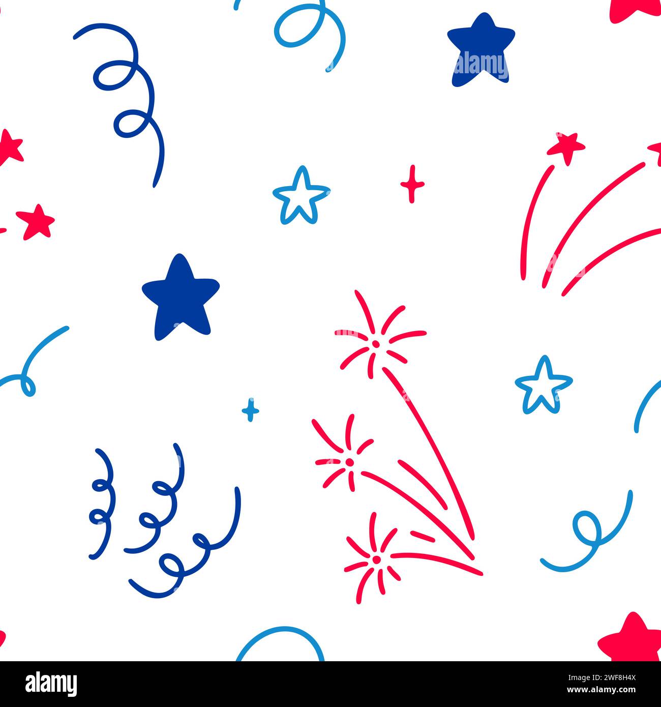 4 luglio USA Independence Day modello senza cuciture. Bandiera americana blu, rosso e bianco. 14 luglio felice festa nazionale della Francia fuochi d'artificio Illustrazione Vettoriale