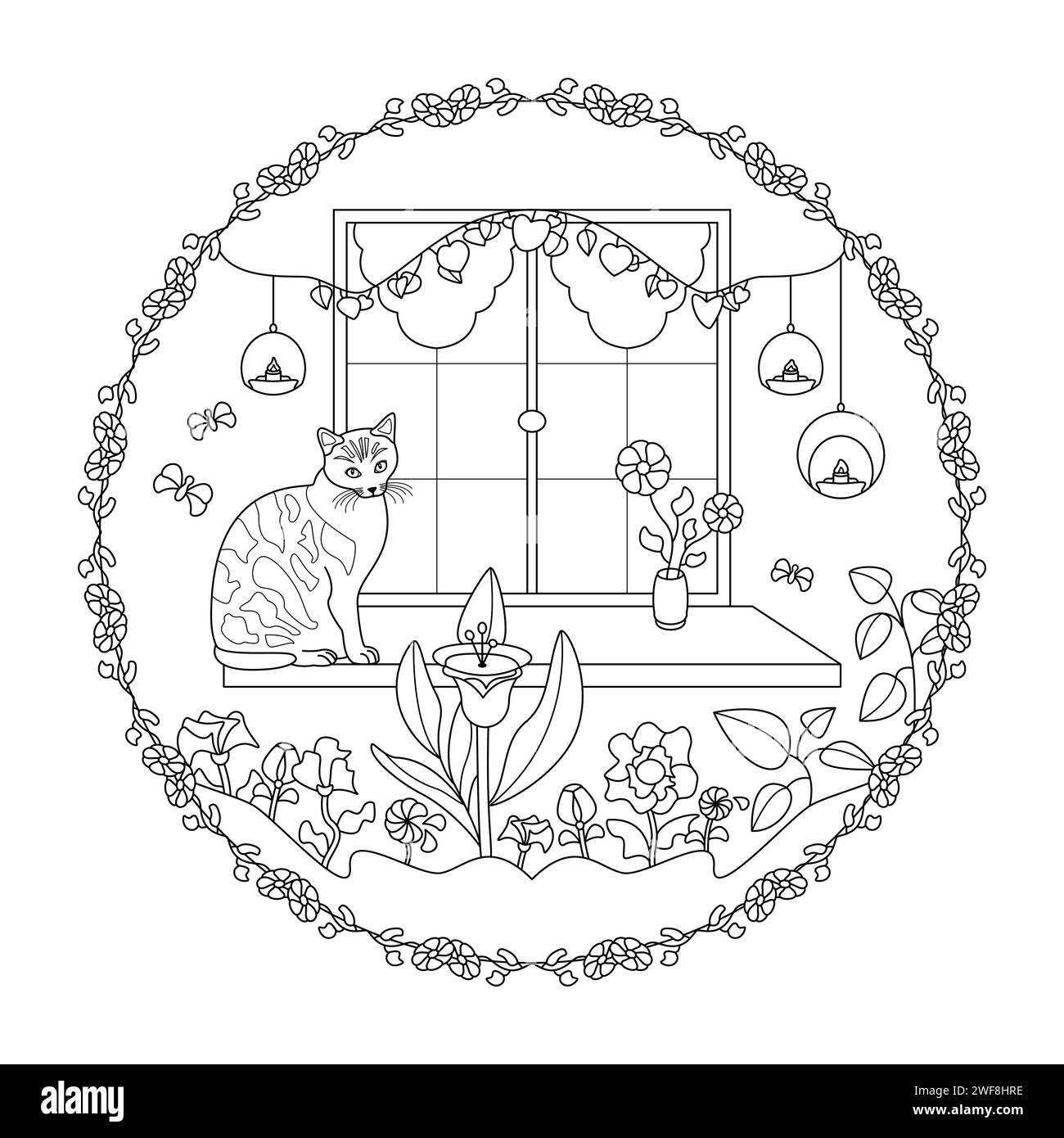 Mandala. Gatto carino su un davanzale con fiori, candele e farfalle. Pagina da colorare. Illustrazione vettoriale. Illustrazione Vettoriale