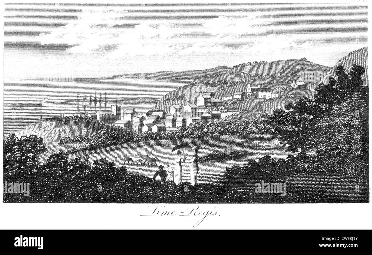 Un'incisione di Lime Regis (Lyme Regis) Dorset UK scansionato ad alta risoluzione da un libro stampato nel 1806. Credevo libero da copyright. Foto Stock