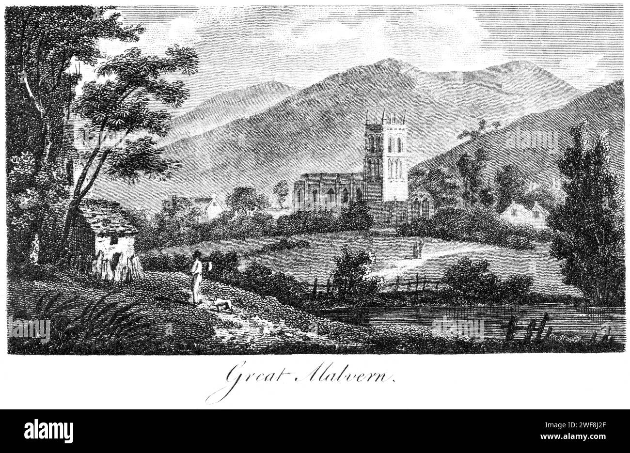 Un'incisione di Great Malvern, Worcestershire UK, scansionata ad alta risoluzione da un libro stampato nel 1806. Credevo libero da copyright. Foto Stock