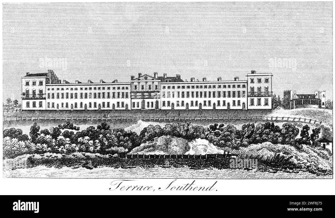 Un'incisione della Royal Terrace, Southend on Sea, Essex UK scansionata ad alta risoluzione da un libro stampato nel 1806. Credevo libero da copyright. Foto Stock