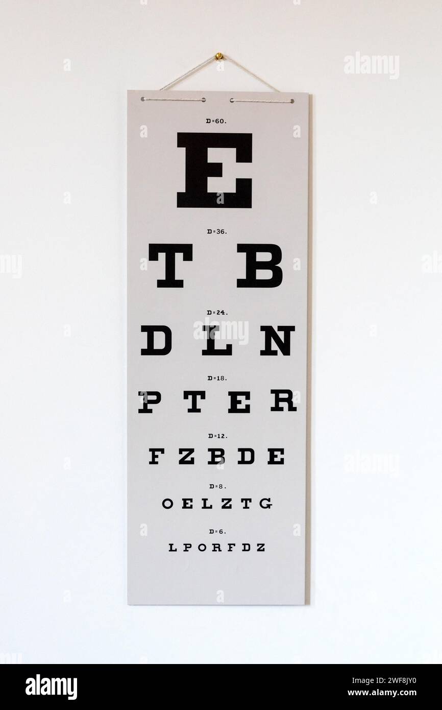 Grafico di lettura dell'optometria vintage Eye test. Foto di Shaun Fellows / Alamy Foto Stock