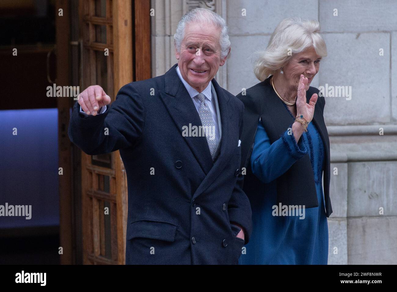 Londra, Regno Unito. 29 gennaio 2024. Nella foto: Re Carlo III e la regina Camilla lasciano la London Clinic dove il re stava subendo una procedura per una prostata allargata. Credito: Justin ng/Alamy Live News Foto Stock