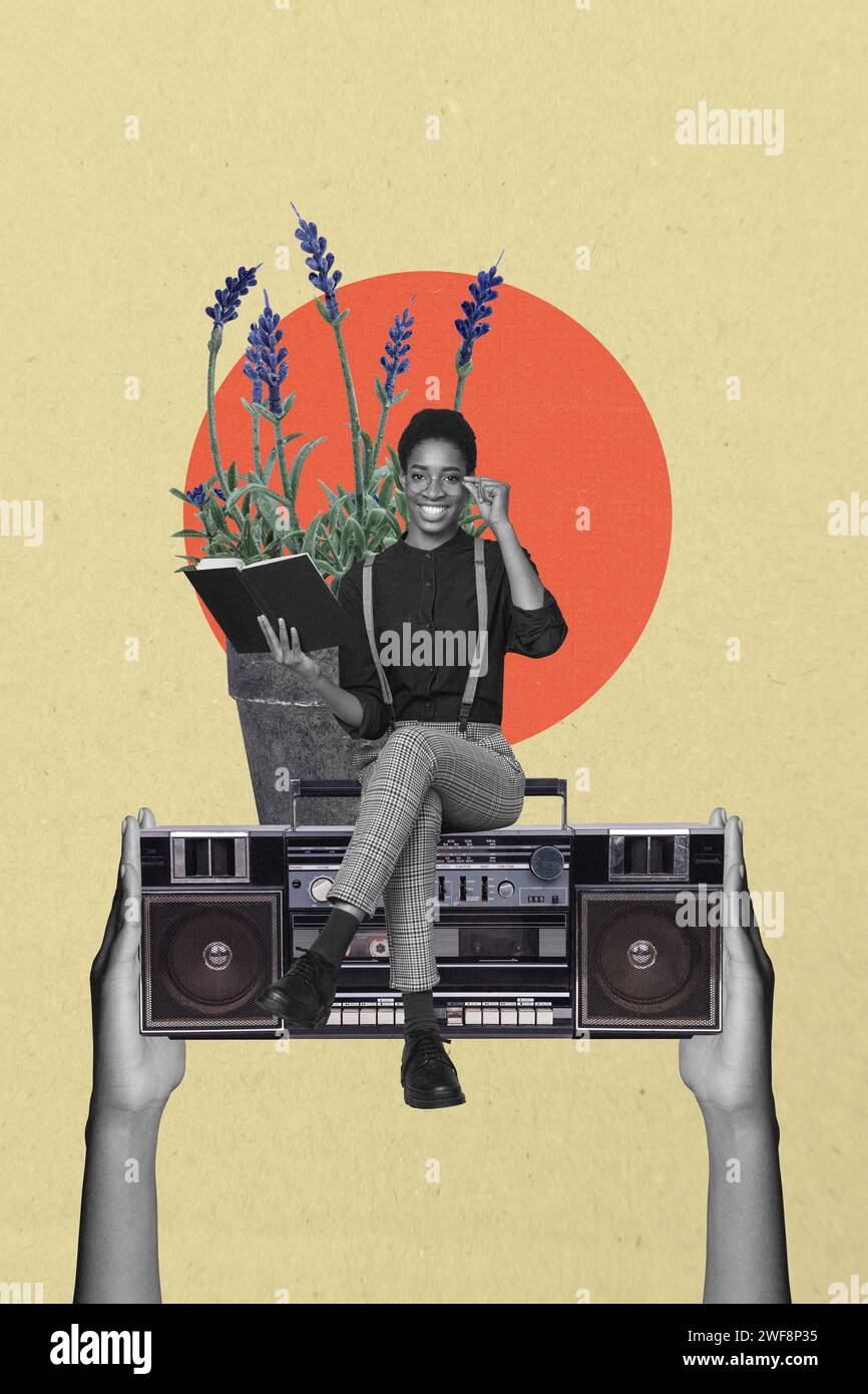 Collage di riviste immagine di una donna sorridente felice che legge un libro vacanze weekend di svago primavera isolato su sfondo di disegno Foto Stock