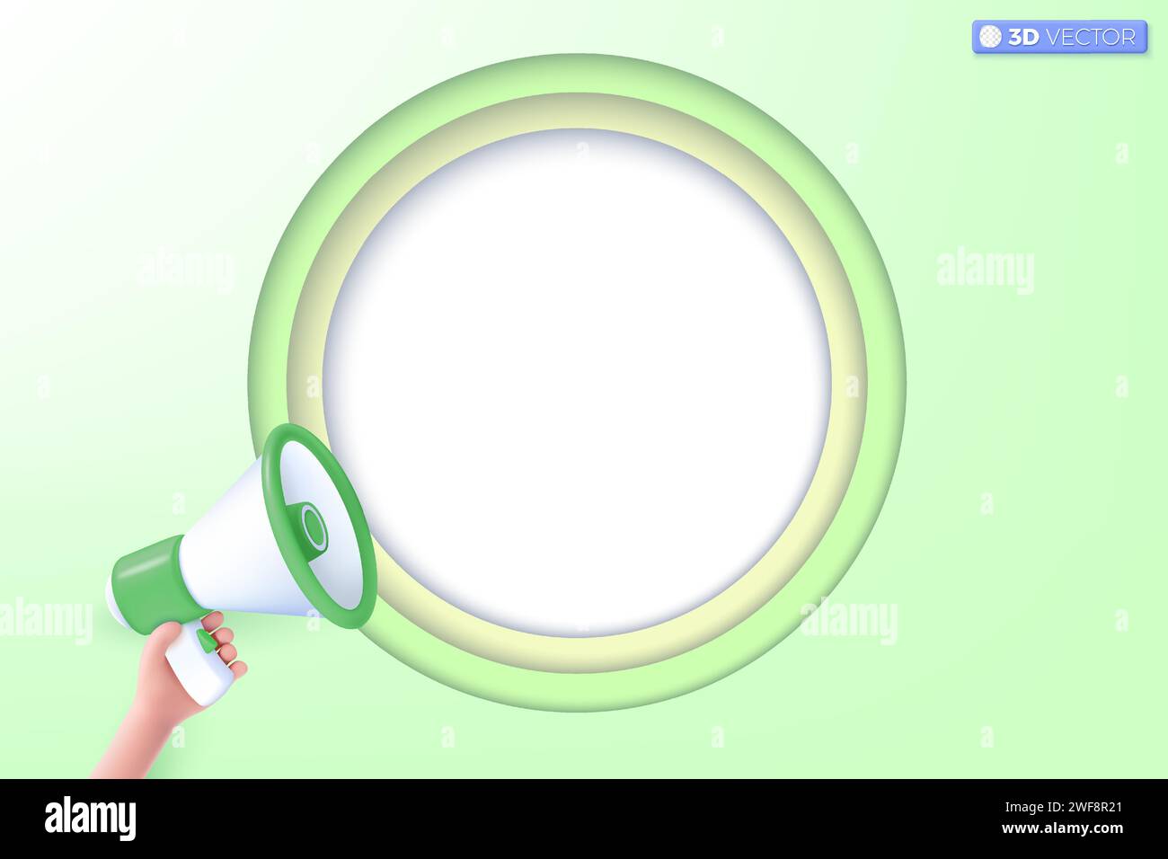altoparlante megafono 3d e simbolo icona di sfondo verde. Gli altoparlanti annunciano la promozione con sconti, vendono prezzi ridotti, Marketing Concept. Isol vettoriale 3D. Illustrazione Vettoriale