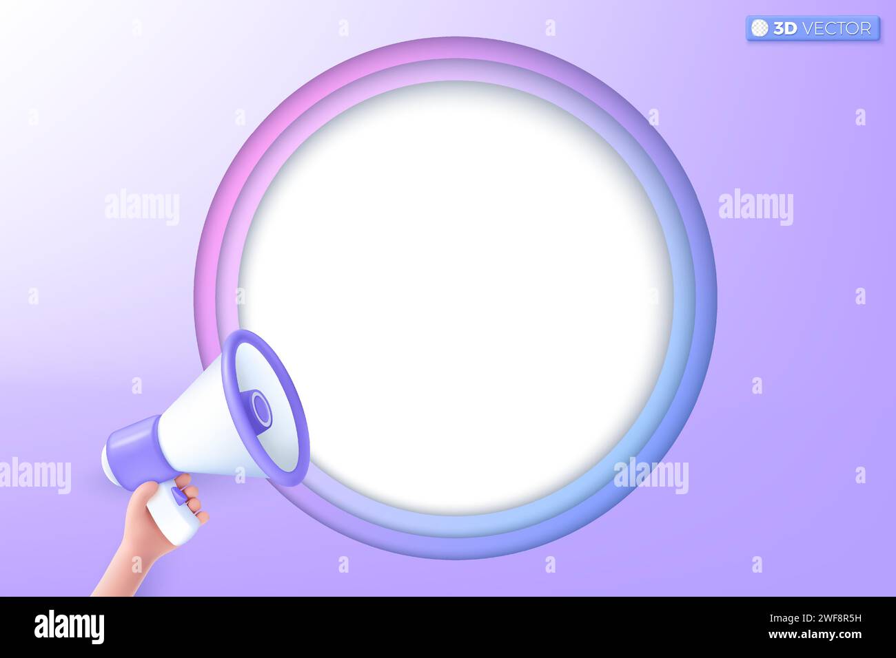 simbolo dell'altoparlante megafono 3d e dell'icona di sfondo viola. Gli altoparlanti annunciano la promozione con sconti, vendono prezzi ridotti, Marketing Concept. iso vettoriale 3D. Illustrazione Vettoriale