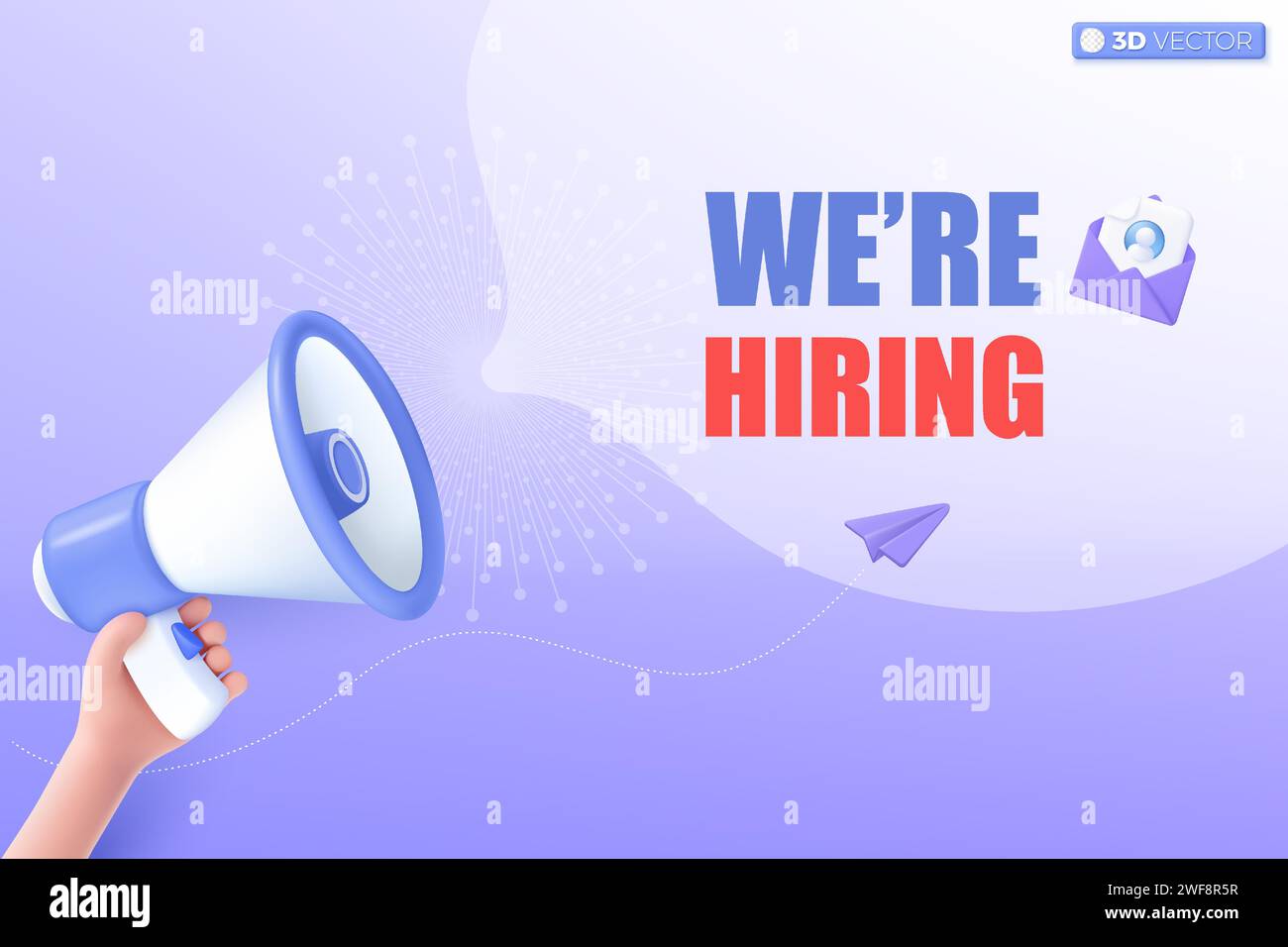 altoparlante megafono 3d e simbolo dell'icona di assunzione. Gli altoparlanti annunciano la promozione sugli sconti, vendono prezzi ridotti, concetto di tempo di marketing. Il vettore 3D è Illustrazione Vettoriale