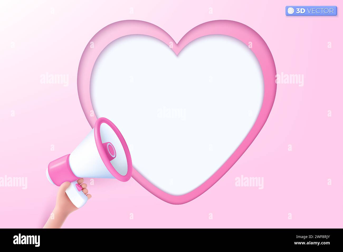 altoparlante megafono 3d con simbolo a forma di cuore. Altoparlante annuncia promozione sconto, vendi prezzi ridotti, amore, concetto di san valentino. Isolamento del vettore 3D. Illustrazione Vettoriale