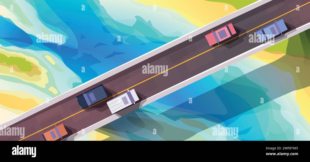 auto sul ponte con vista sul fiume Illustrazione Vettoriale