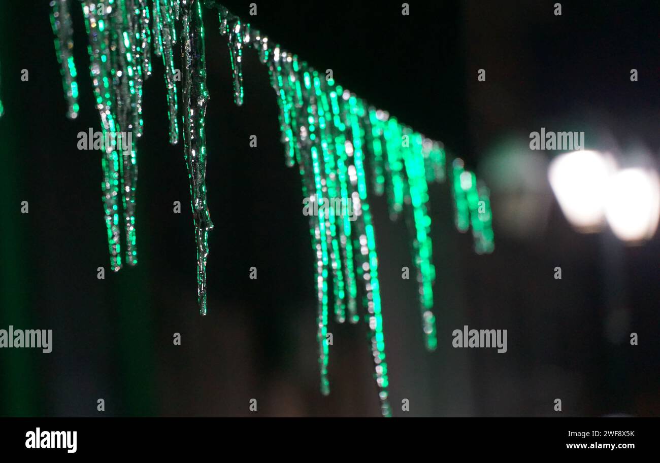 Gruppo di ghiaccioli fotografici su sfondo scuro, illuminati con luce verde neon. Foto Stock