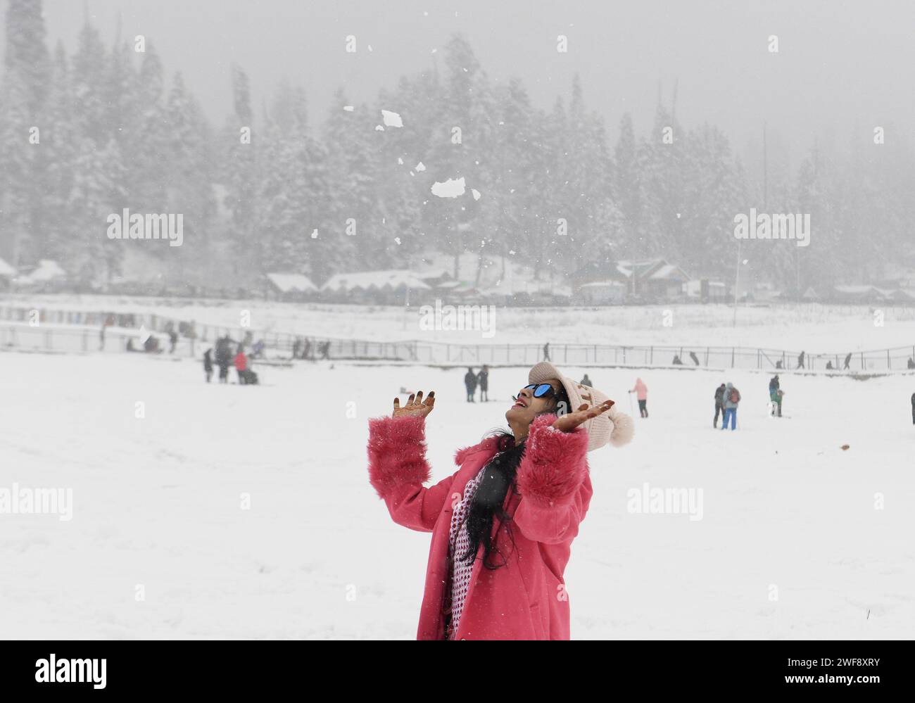 Kashmir, India. 29 gennaio 2024. Le nevicate fresche nei tratti più alti della valle del Kashmir hanno infranto uno dei più lunghi periodi di asciutto di circa due mesi di questa stagione. Una fresca nevicata ha attirato la gente del posto e i turisti. L'economia dello stato è fortemente dipendente dall'industria turistica e la nevicata dopo una lunga attesa attira i turisti nella scintillante valle d'argento. Foto Stock