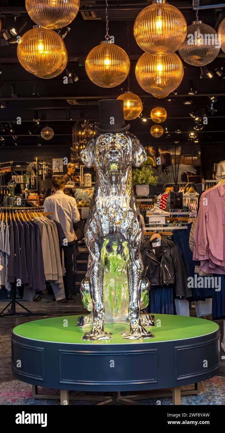Grande statua di cane color argento all'ingresso del negozio di abbigliamento Goddards, Cornhill, Lincoln City, Lincolnshire, Inghilterra, REGNO UNITO Foto Stock