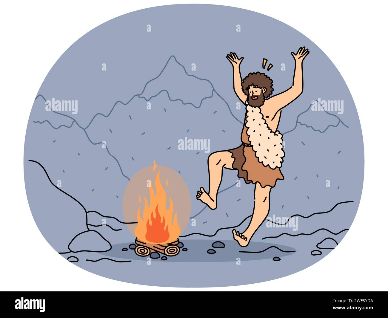 L'uomo indigeno che balla vicino al fuoco nella natura. Antenato tribale maschile vicino al fuoco in paesaggio montano. Illustrazione vettoriale. Illustrazione Vettoriale