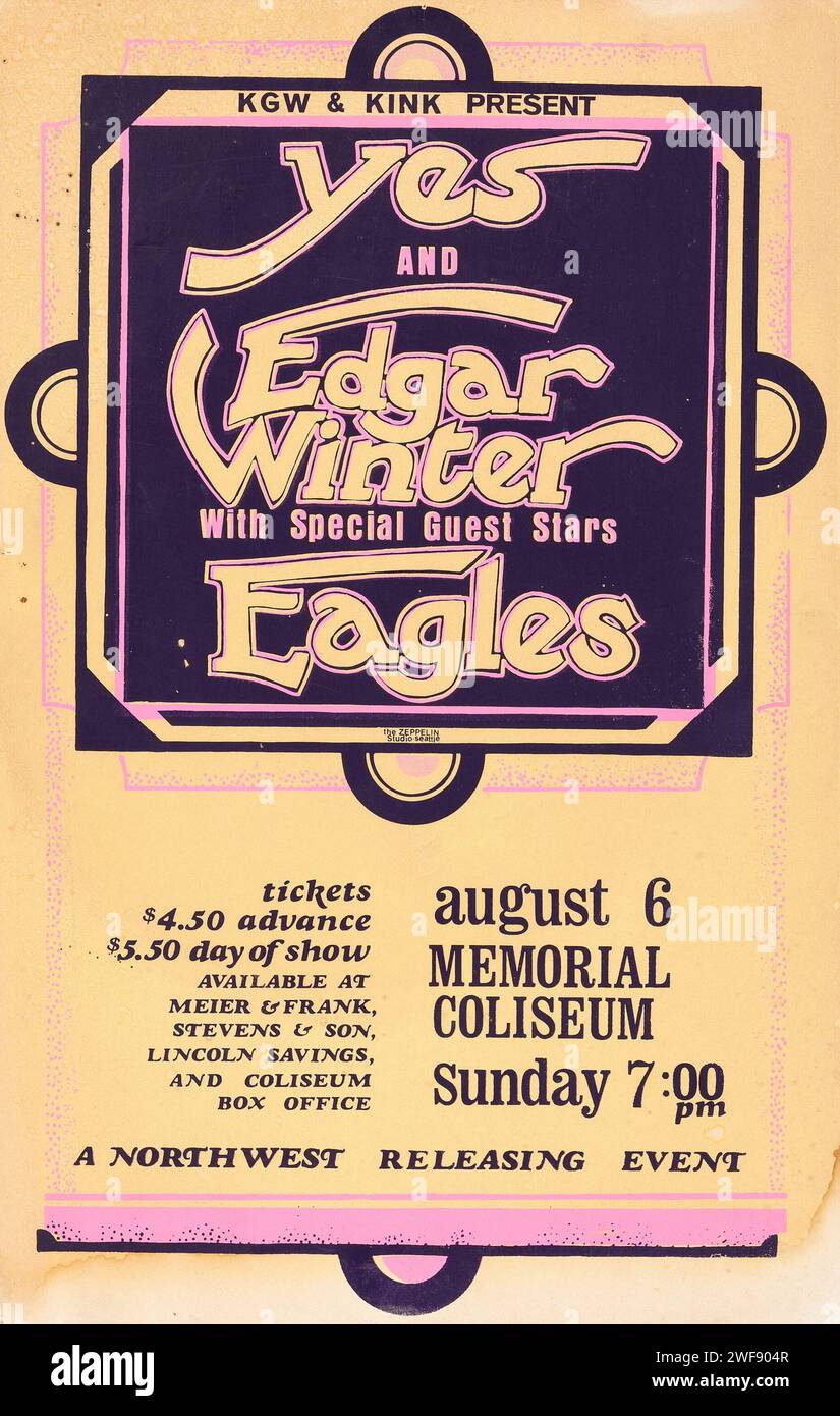 Eagles First-album Tour, Yes, Edgar Winter 1972 Portland, Oregon Concert poster Foto Stock