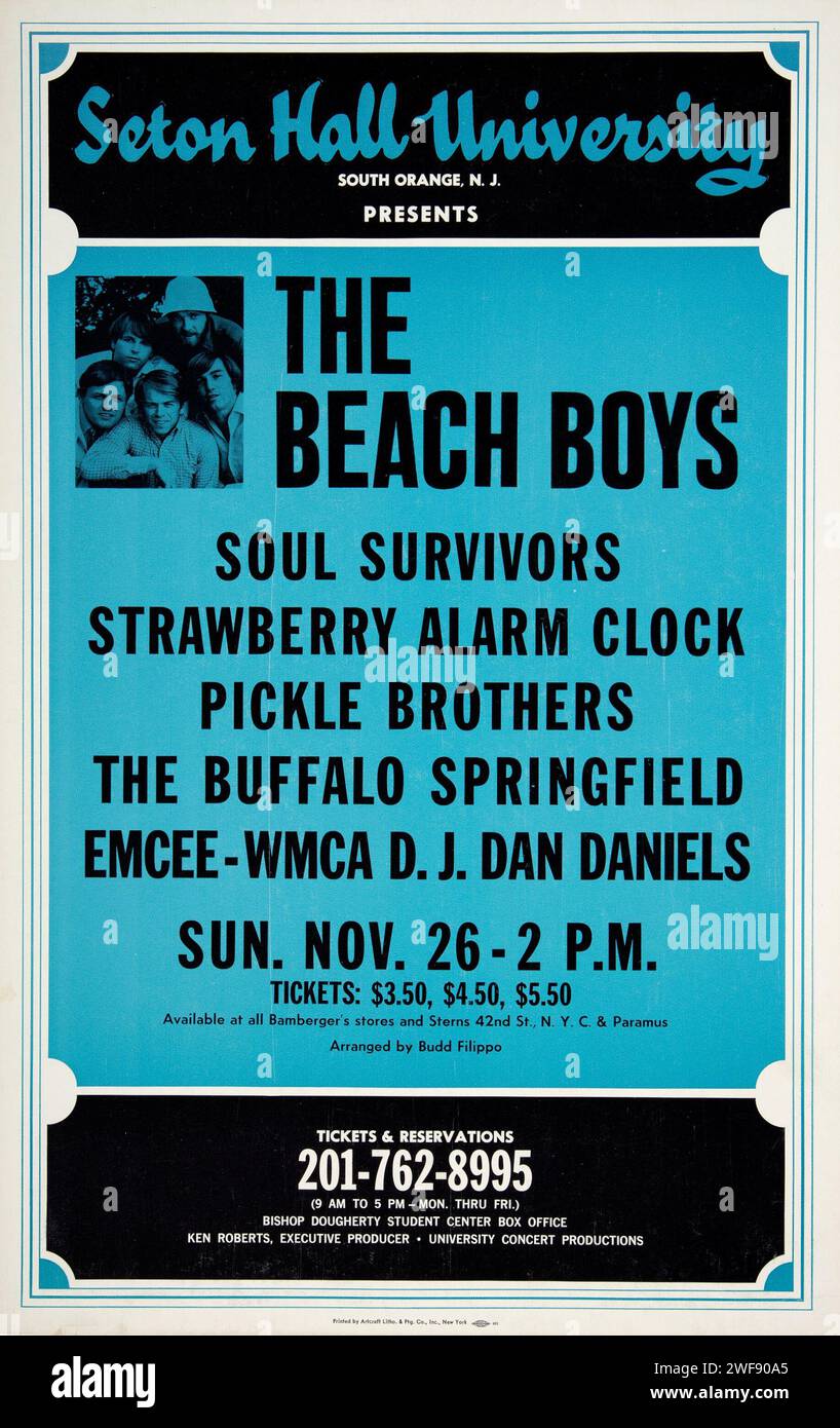 Seton Hall University - Beach Boys, Buffalo Springfield 1967 New Jersey - poster per concerti d'epoca Foto Stock