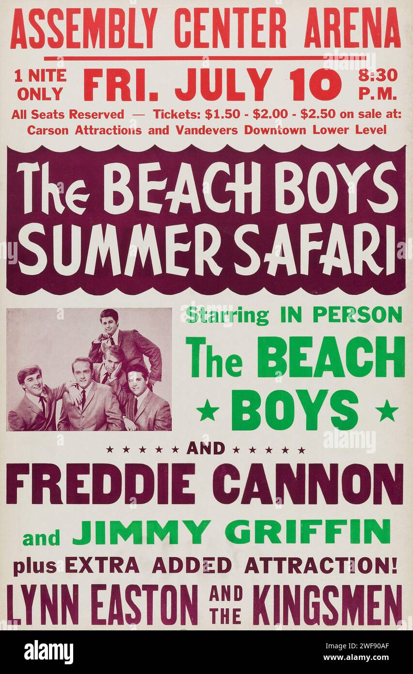 The Beach Boys con Brian Wilson, Freddie Cannon, Jimmy Griffin, Lynn Easton e The Kingsmen - 1964 "Summer Safari" Tulsa, Oklahoma - poster dei concerti degli anni '1960 Foto Stock