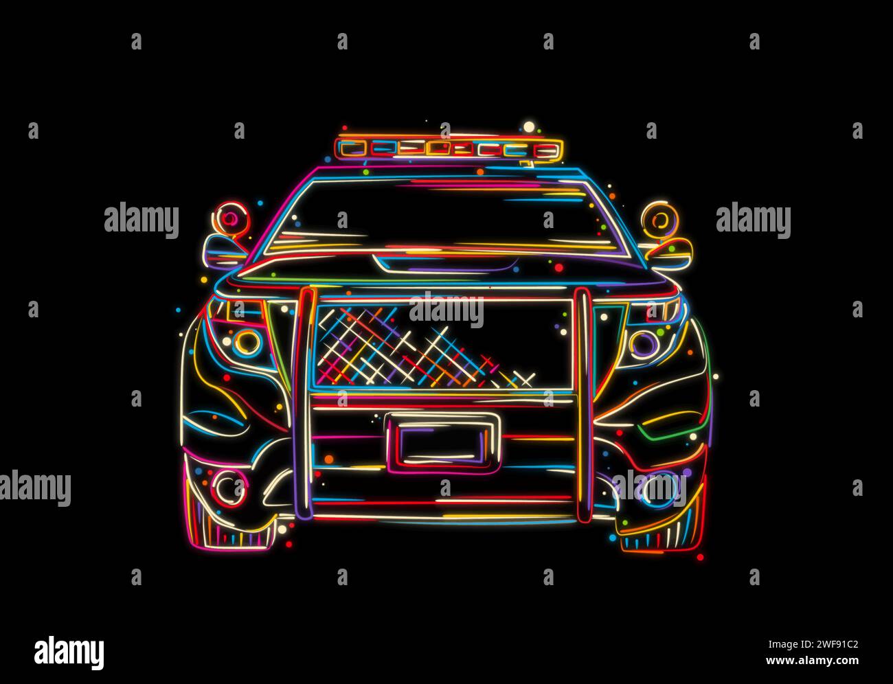 Auto della polizia, vista frontale. Illustrazione vettoriale disegnata a mano a colori Illustrazione Vettoriale
