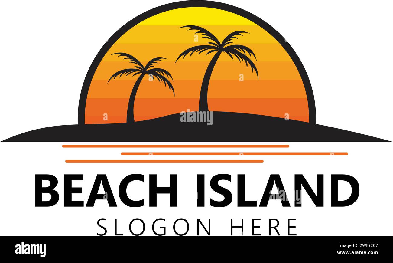 Tramonto con logo Beach Island Vector Illustrazione Vettoriale