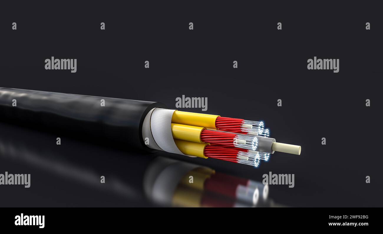 cavo in fibra ottica, connessione internet veloce su sfondo nero.rendering 3d. Foto Stock