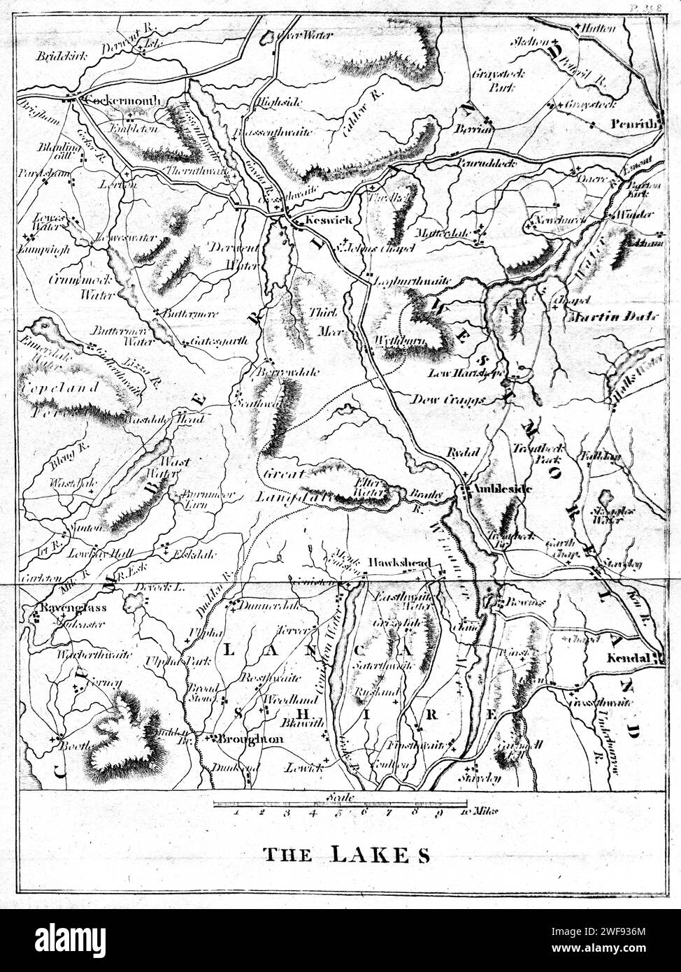 AMap dell'English Lake District UK è stata scansionata ad alta risoluzione da un libro stampato nel 1806. Si ritiene che questa immagine sia priva di copyright. Foto Stock