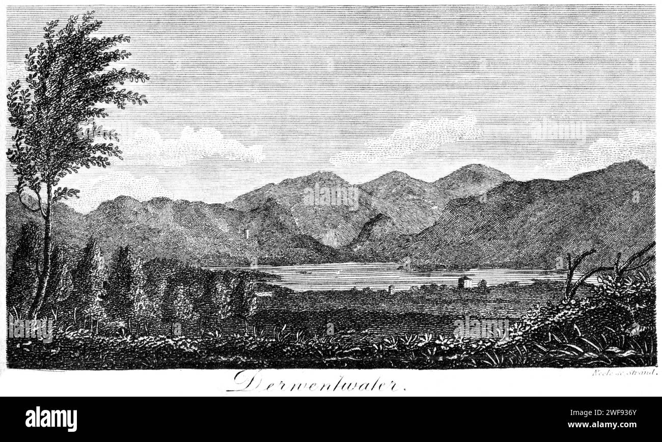 Un'incisione di Derwentwater nell'English Lake District UK scansionata ad alta risoluzione da un libro stampato nel 1806. Credevo libero da copyright. Foto Stock